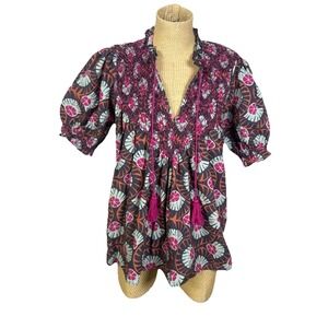 CK‎ Bradley Women's Pink Tropical Print Ruffle Smocked Tassel Blouse Cotton Med